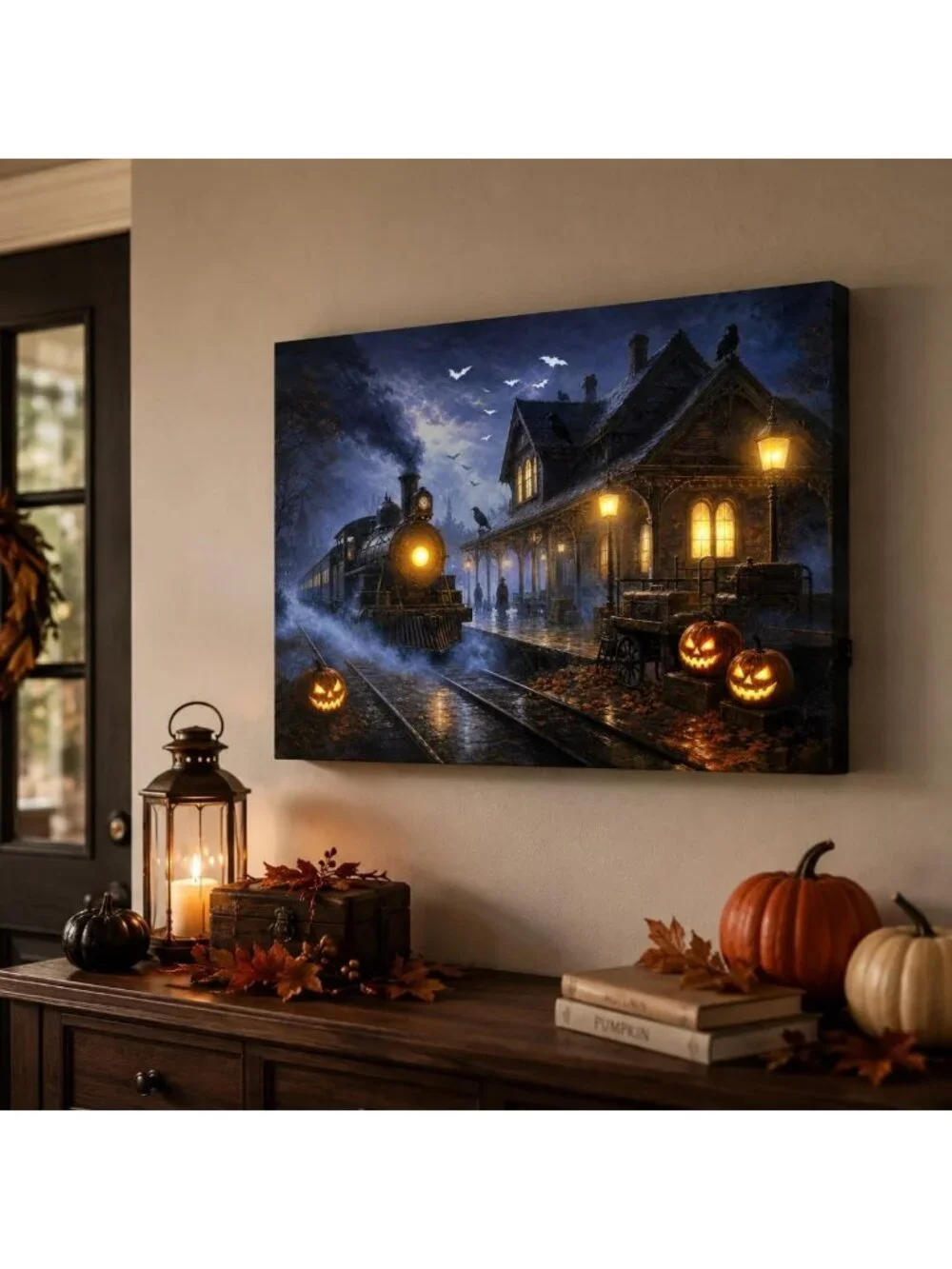 Haunted Train Station LED Canvas Wall Art - Spooky Halloween Decor, 24x18 in